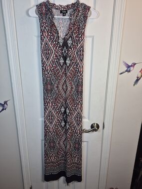 TACERA Boho Tribal Print Sleeveless Maxi Dress Small Geometric V-Neck Belted